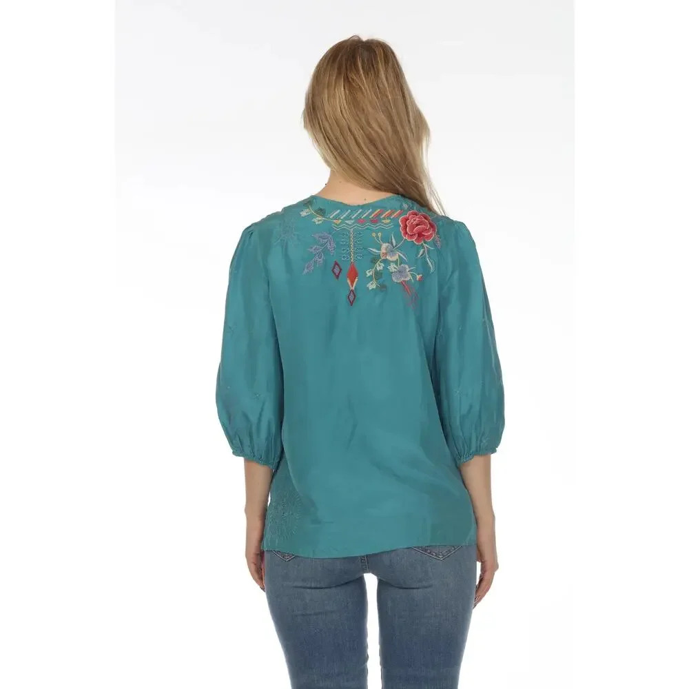 Johnny Was Workshop Taryn Flowy Tassel Silk Blouse Sea Stone Size L - Picture 3 of 9